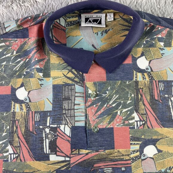 Vintage Allen Wah Polo Shirt Mens Large Red Blue Yellow Toucan All Over Print - Picture 3 of 10